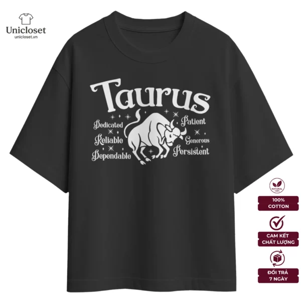 Áo Cung Kim Ngưu Oversize, Unisex 100% Cotton 230GSM, Áo Cung Hoàng Đạo, Mật Ngữ 12 Chòm Sao, Nam Nữ