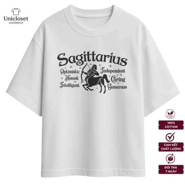 Áo Cung Nhân Mã Oversize, Unisex 100% Cotton 230GSM, Áo Cung Hoàng Đạo, Mật Ngữ 12 Chòm Sao, Nam Nữ