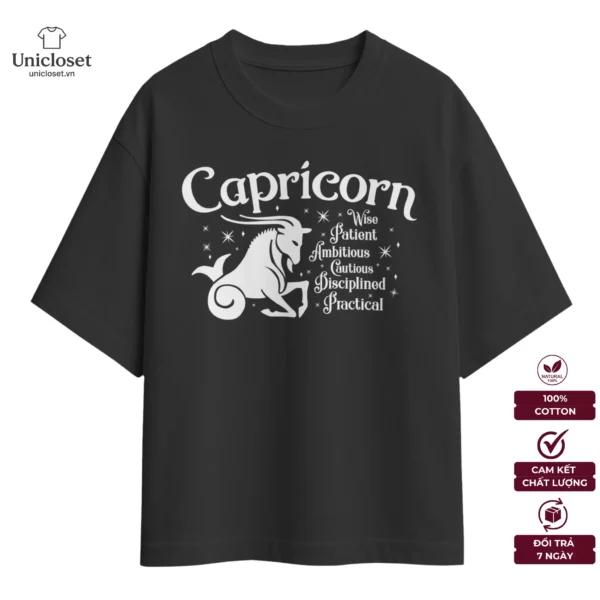 Áo Cung Ma Kết Oversize, Unisex 100% Cotton 230GSM, Áo Cung Hoàng Đạo, Mật Ngữ 12 Chòm Sao, Nam Nữ