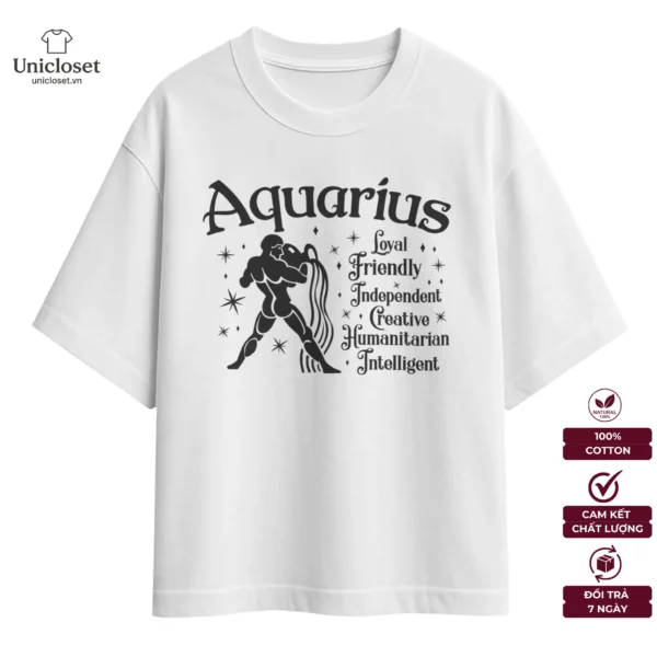 Áo Cung Bảo Bình Oversize, Unisex 100% Cotton 230GSM, Áo Cung Hoàng Đạo, Mật Ngữ 12 Chòm Sao, Nam Nữ