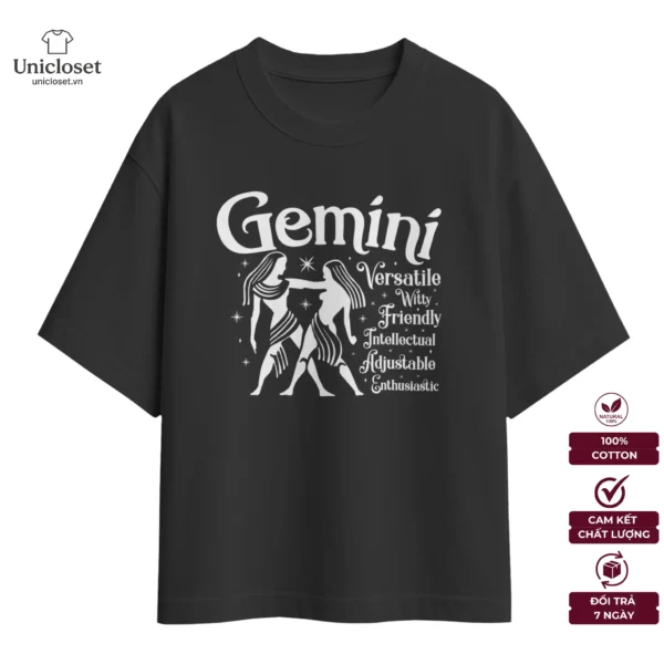 Áo Cung Song Tử Oversize, Unisex 100% Cotton 230GSM, Áo Cung Hoàng Đạo, Mật Ngữ 12 Chòm Sao, Nam Nữ