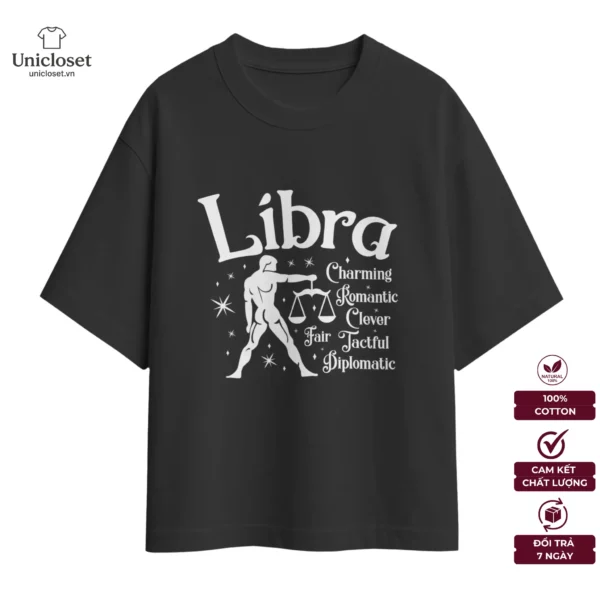 Áo Cung Thiên Bình Oversize, Unisex 100% Cotton 230GSM, Cung Hoàng Đạo, Mật Ngữ 12 Chòm Sao, Nam Nữ