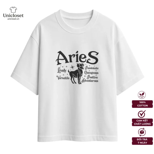 Áo Cung Bạch Dương Oversize, Unisex 100% Cotton 230GSM, Cung Hoàng Đạo, Mật Ngữ 12 Chòm Sao, Nam Nữ