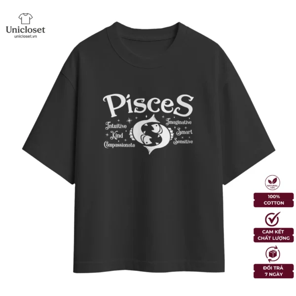 Áo Cung Song Ngư Oversize, Unisex 100% Cotton 230GSM, Cung Hoàng Đạo, Mật Ngữ 12 Chòm Sao, Nam Nữ