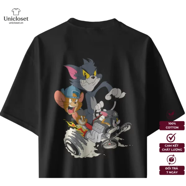Áo Thun Tom & Jerry Đua Xe Retro Cartoon, Oversize, Unisex 100% Cotton 230GSM, Vintage Streetwear